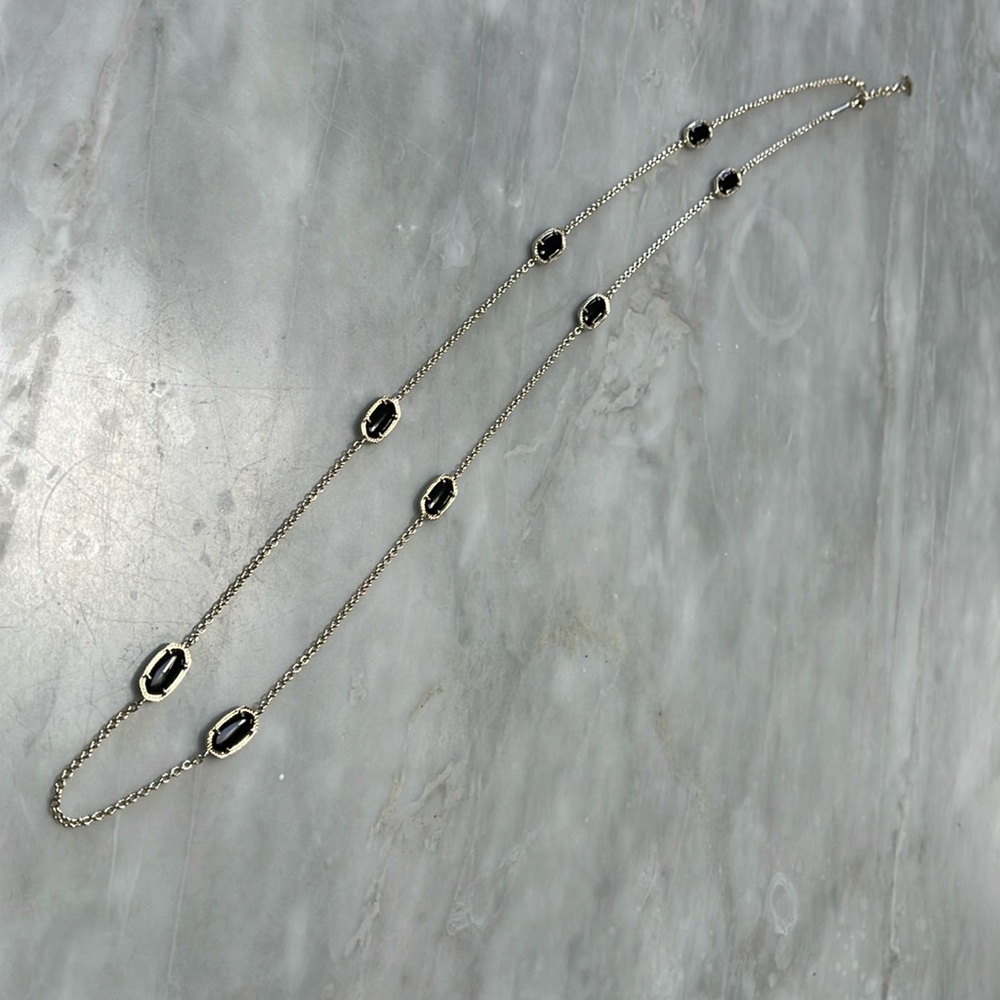 Kendra Scott Kellie Station Black Quartz Oval Gold Tone Long Necklace